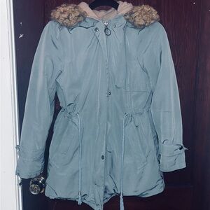 Women's Light Blue Drawstring Hooded Parka Jacket